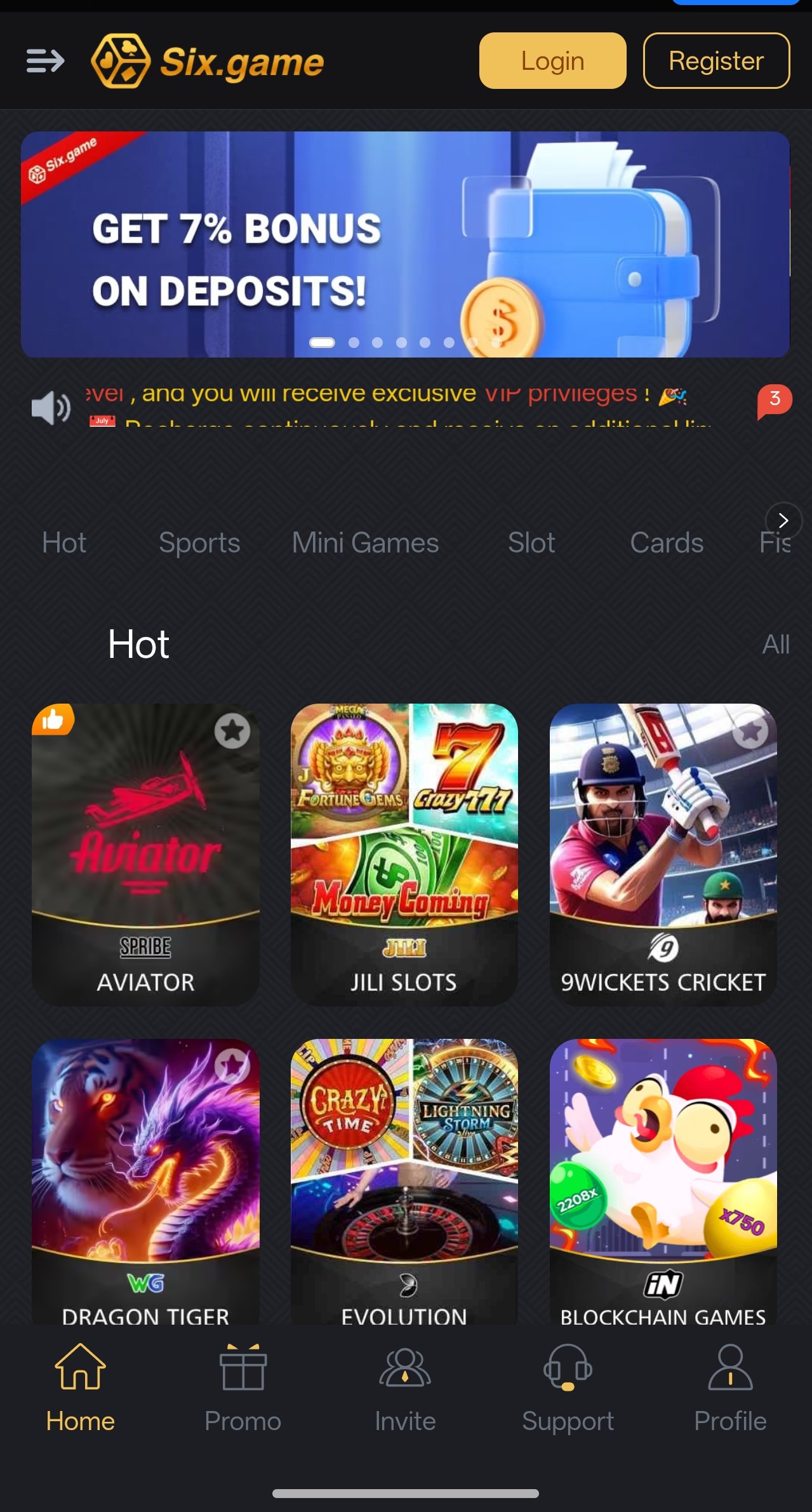 Six Game app lobby with hot slot games and the deposit bonus banner