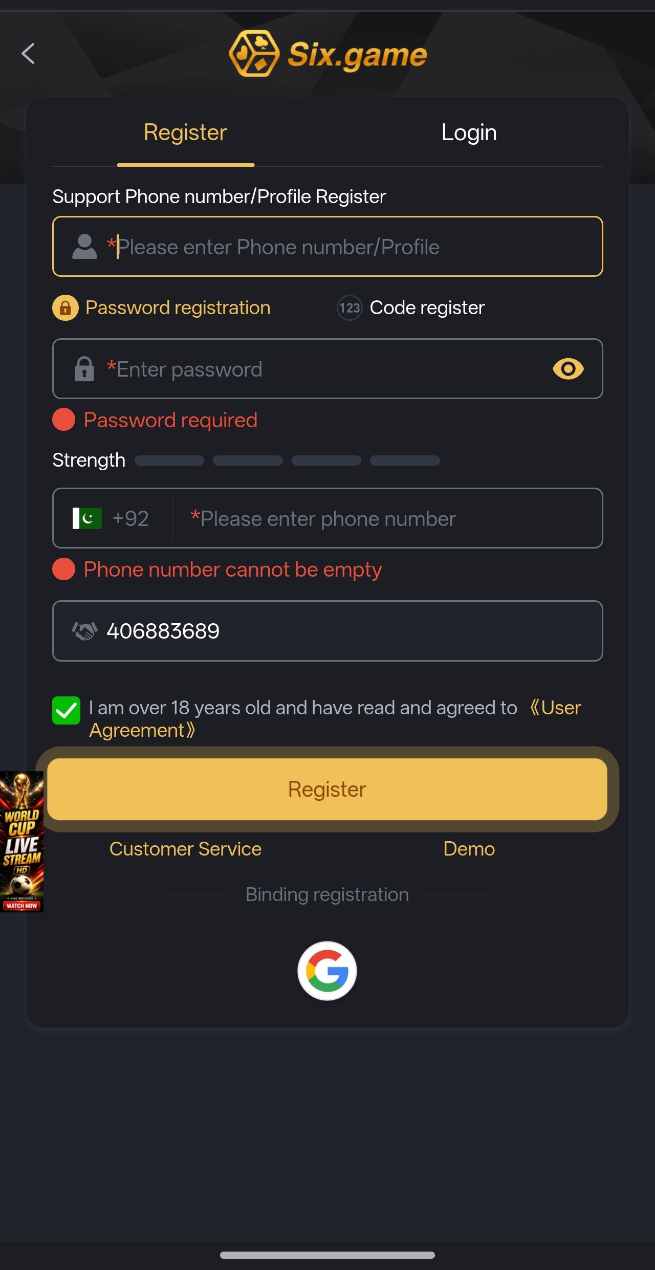 Six Game live casino category inside the six apk