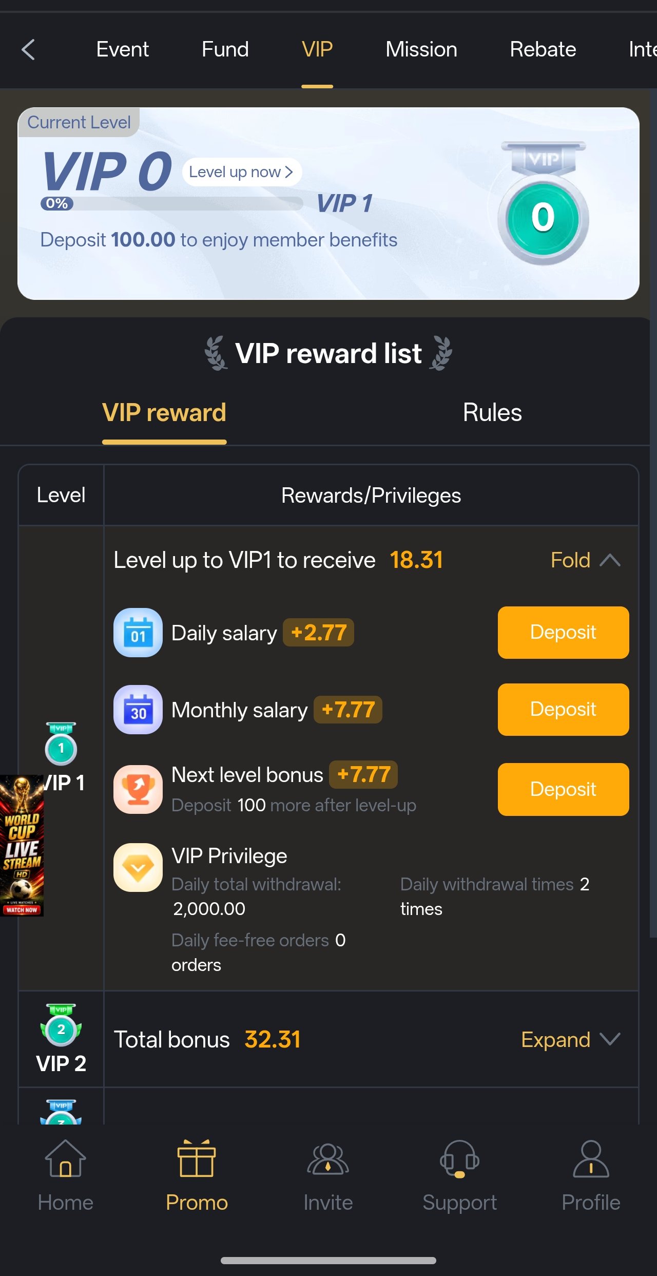 Six Game rewards and VIP level screen